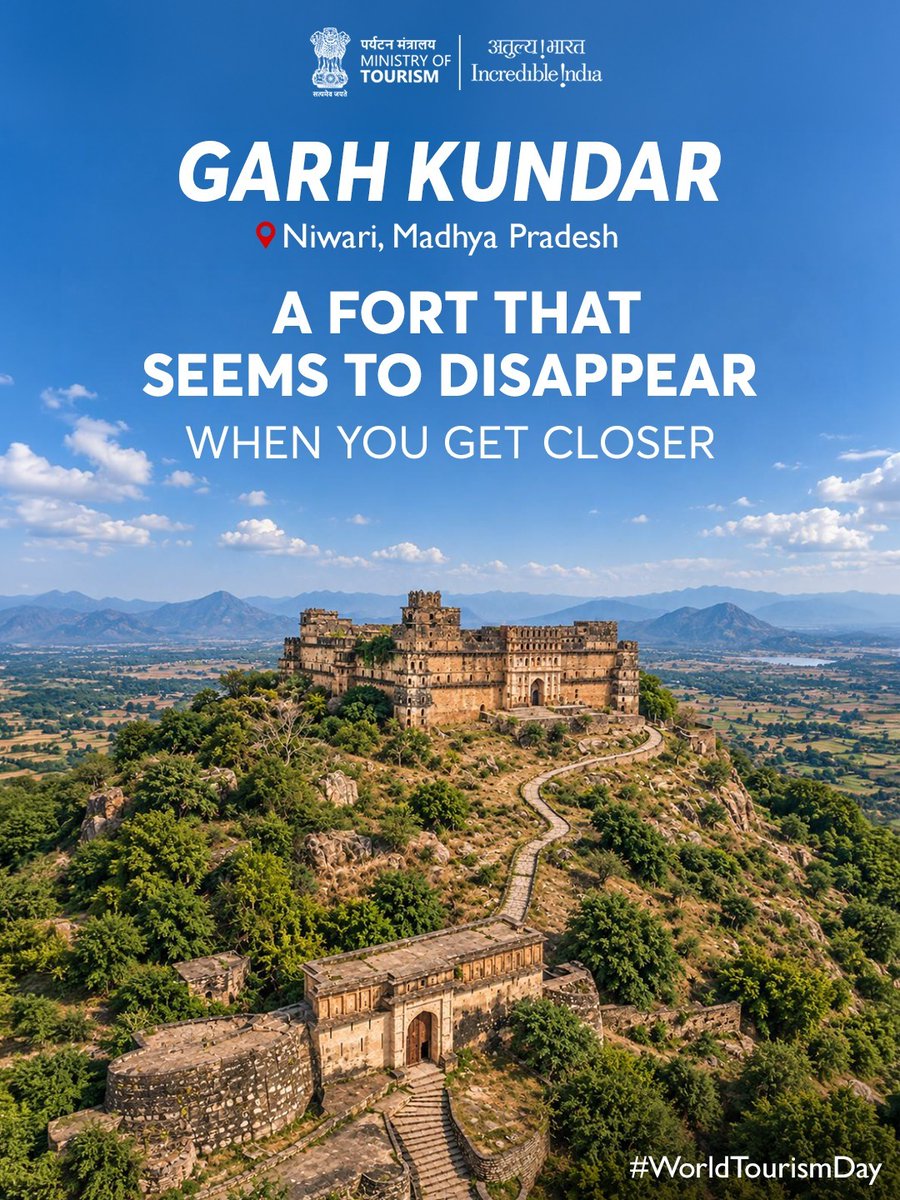 incredibleindia's tweet photo. A fort that seems to disappear when you come closer.

In the rugged landscape of Bundelkhand, Garh Kundar Fort in Niwari, Madhya Pradesh, reveals itself from afar, only to slip out of sight as you approach. Surrounded by hills and forests, its unusual setting adds to the mystery of this historic hill fort.

Discover a lesser-known chapter of Bundelkhand, where history and landscape come together in unexpected ways.

#WorldTourismDay #IncredibleIndia #Travel #Tourism #Trending #MadhyaPradesh