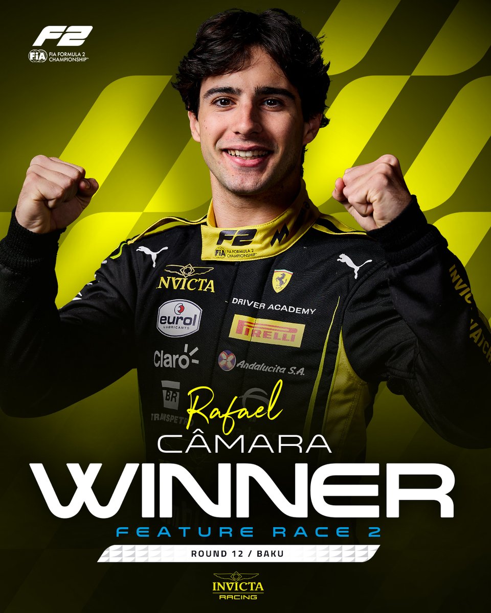 Formula2's tweet photo. VAMO RAFAAA 🏆🇧🇷

Rafael Camara secures Feature Race 2 victory in Baku to extend his championship lead ✨

#F2 #AzerbaijanGP https://t.co/bMuuUe3yIC