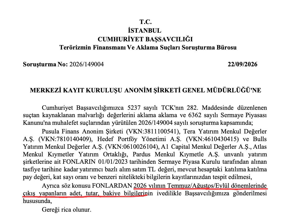 haskologlu's tweet photo. 🔴#SONDAKİKA | İstanbul Cumhuriyet Başsavcılığı, 7 şirkete ait fonların kuruluşlarından tasfiye tarihine kadar tüm yatırımcı bazlı alım-satım ve bakiye kayıtlarını MKK'dan istedi.

• Savcılık ayrıca Temmuz, Ağustos ve Eylül 2026'da fonlardan çıkış yapan yatırımcıların adet, tutar ve bakiye bilgilerini de incelemeye aldı.

Savcılık yazısında; Pusula Finans Anonim Şirketi, Tera Yatırım Menkul Değerler A.Ş., Hedef Portföy Yönetimi A.Ş., Bulls Yatırım Menkul Değerler A.Ş., A1 Capital Menkul Değerler A.Ş., Atlas Menkul Kıymetler Yatırım Ortaklığı ile Pardus Menkul Kıymetler A.Ş. bağlantılı fonlara ilişkin kayıtların incelenmesi talep edildi.

Soruşturmanın, Türk Ceza Kanunu’nun 282’nci maddesinde düzenlenen suçtan kaynaklanan malvarlığı değerlerini aklama ile 6362 sayılı Sermaye Piyasası Kanunu’na muhalefet suçları kapsamında yürütüldüğü belirtildi.