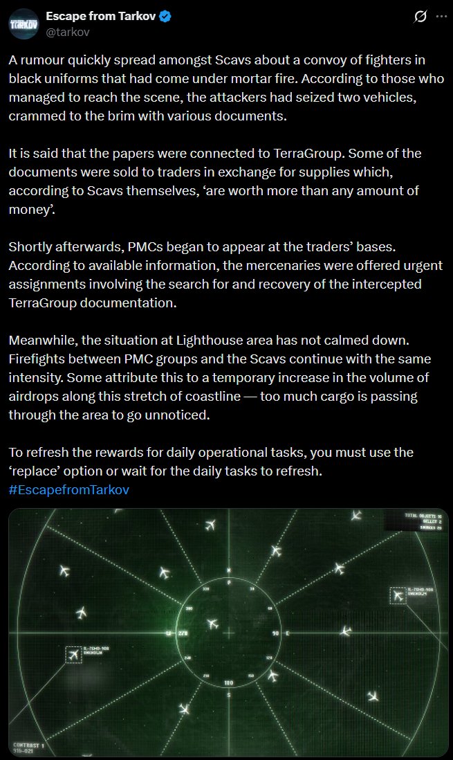 VeryBadSCAVR's tweet photo. New Event (image 1) Info.

1. Black division spawns increased to 40 % (image 2)

2. All dailies have changed to have Battlepass documents always as a reward.
Refresh if you dont have one (image 3)

3. Airdrops on Lighthouse - with good ammos & gears & high tech etc.
lot of items, making you scroll down.
Pretty frequent too, 3 airdrops in one raid about every 10 min. (video 1)