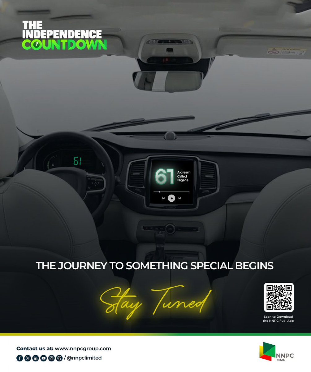 nnpclimited's tweet photo. The journey to something special begins!

Stay tuned for what is about to happen at the pump.

Download the NR Fuel App by scanning the QR code or visit https://t.co/vZaO5VBMXu today.

#NNPCNaija66
#FuelTheFreedom 
#EnergyForToday 
#EnergyForTomorrow https://t.co/401NpQ3a4D