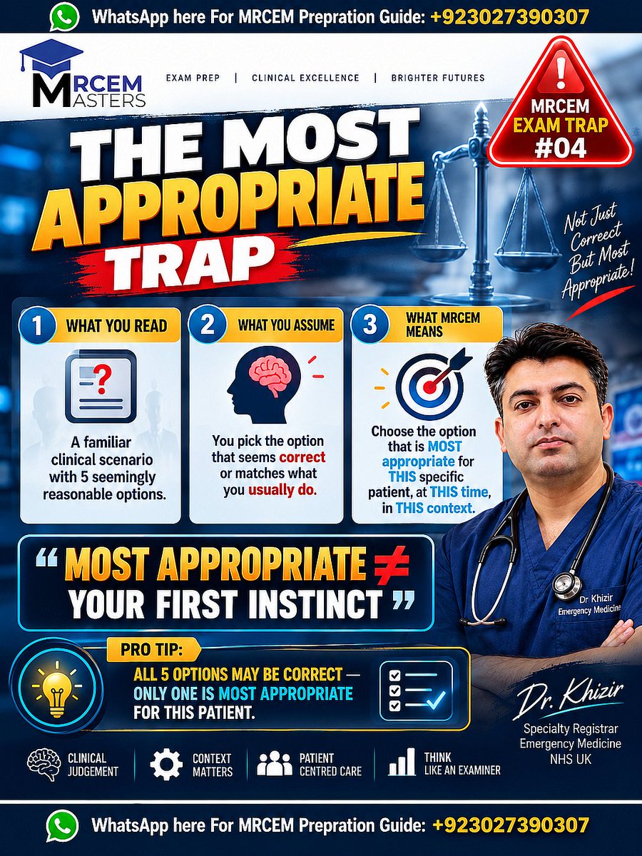 Ukhizir2's tweet photo. "Most appropriate"" is the most dangerous phrase in MRCEM. Here's why it trips up even prepared candidates. π #MRCEMExam #SBAQuestions #MRCEMTips" https://t.co/IjLf8Oapso