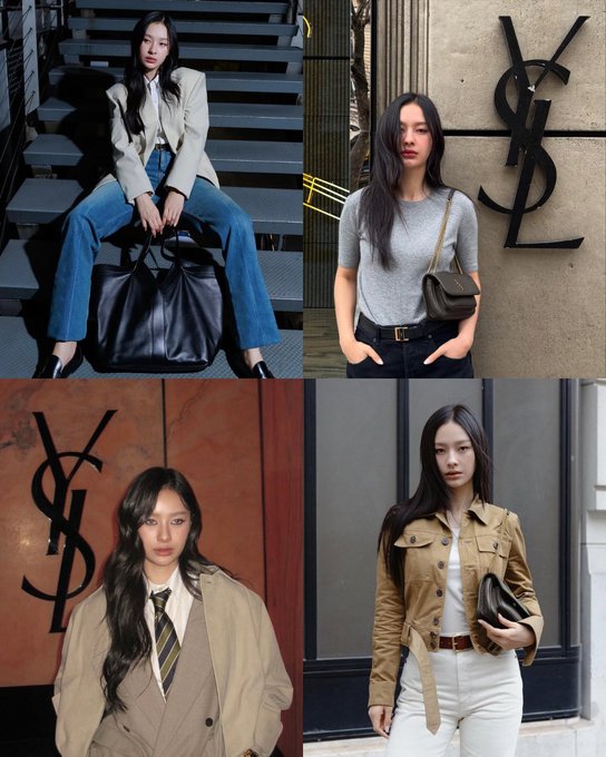 A collage of four photos showing a woman modeling fashion items including a blazer, jeans, gray top, beige coat, tie, and YSL accessories in front of YSL logos.