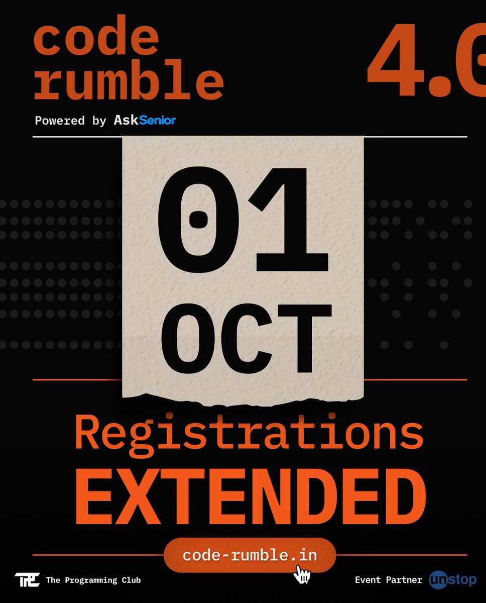 BitByte_IIITDMJ's tweet photo. Surprise, surprise! π
The registration deadline has been EXTENDED till October 1!
So if you STILL havenβt registered, this is your final chance to get in.π«
Register now π https://t.co/98BAVvdADE
#CodeRumble https://t.co/mEukTpoFIB