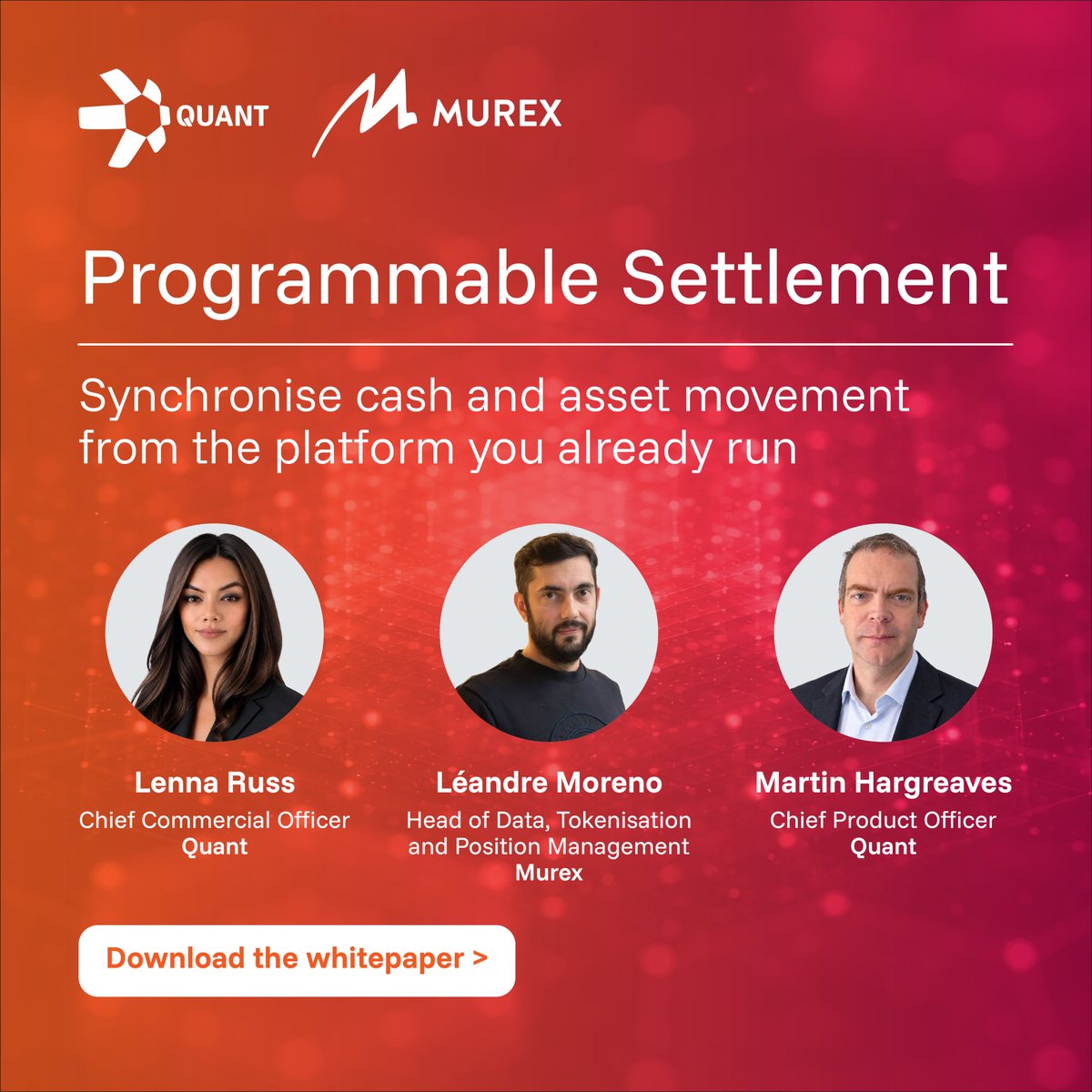 quantnetwork's tweet photo. Scaling #tokenisation depends on moving cash and asset together.

Our new paper with Murex shows how #programmablesettlement synchronises cash and asset movement within existing workflows.

Read it here: https://t.co/We0Jbjm8mC

At @Sibos? Visit us at Stand DISL51 or join our programmable settlement session on the Discover Stage, Mon 28 Sep, 10:30.

#Sibos #CapitalMarkets