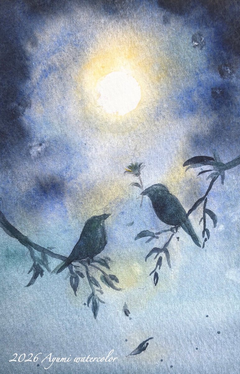 mi_yu_ami's tweet photo. 🕊️🕊｡.｡:+*🌕

“満月の夜に”

“月夜”という名前の色を使っています✍️
（月の周りの黒と青に分離してる部分）
#透明水彩　#ホルベイン https://t.co/0lKTLEzwoE