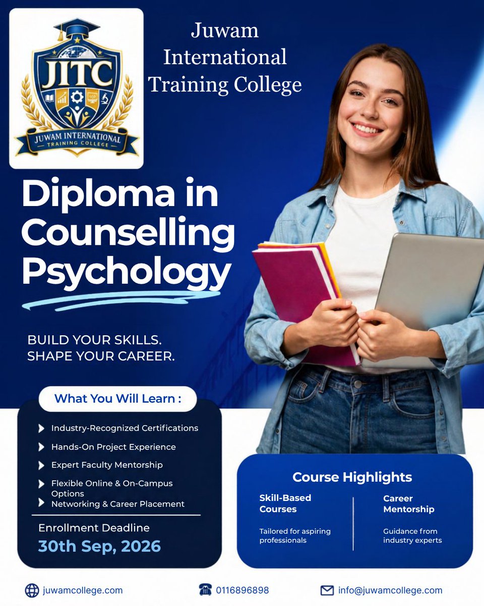 juwamcollege's tweet photo. Enroll in Juwam International Training College’s Diploma in Counselling Psychology and gain expert mentorship, practical experience, and career-focused skills.

📅 Deadline: 30 Sep 2026
🌐 https://t.co/J5wsSf242D
📞 0116896898
#CounsellingPsychology #ProfessionalTraining https://t.co/2u275HzS9P