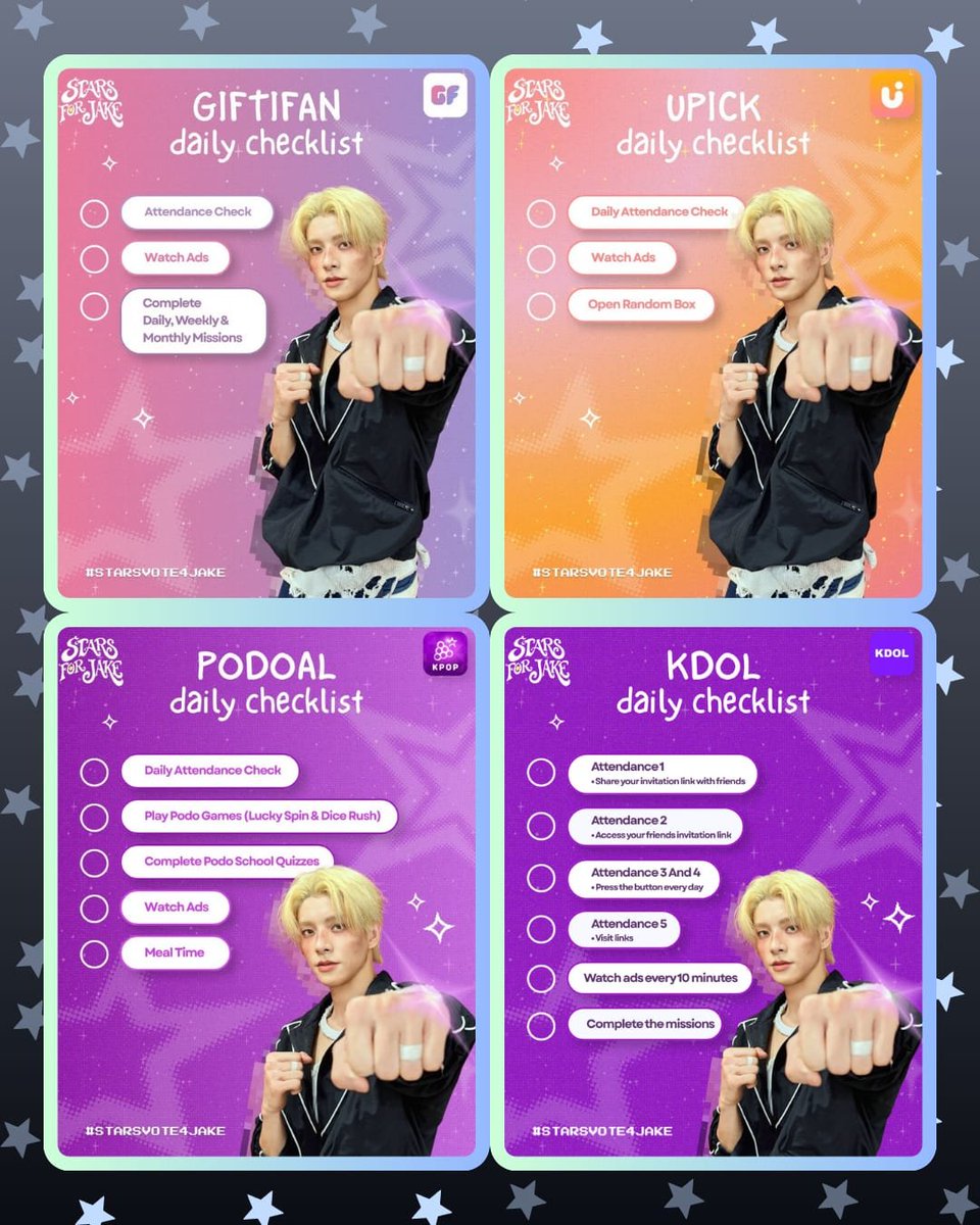 STARSF0RJAKE's tweet photo. HI STARS!! ⭐️🩵

Daily voting reminder! don’t forget to check our daily checklist and complete today’s tasks on each app 📝✨

Every little effort counts, so let’s stay consistent and keep supporting jake together! 🫶🏻

#STARSVOTE4JAKE
#JAKE #ENHYPEN #제이크 https://t.co/Jgt59gmplk