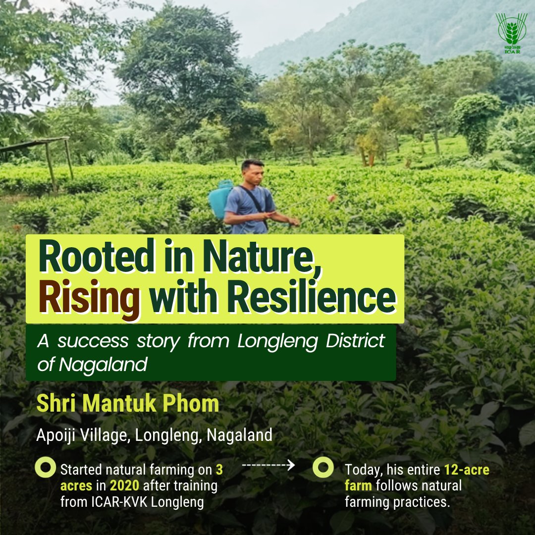 icarindia's tweet photo. From 3 acres to a 12-acre natural farm, Shri Mantuk Phom’s journey with ICAR-KVK Longleng shows how training, innovation &amp; support can help farmers grow sustainably. #ICAR @ChouhanShivraj @PIB_India @AgriGoI https://t.co/Jh5uWv4N6I