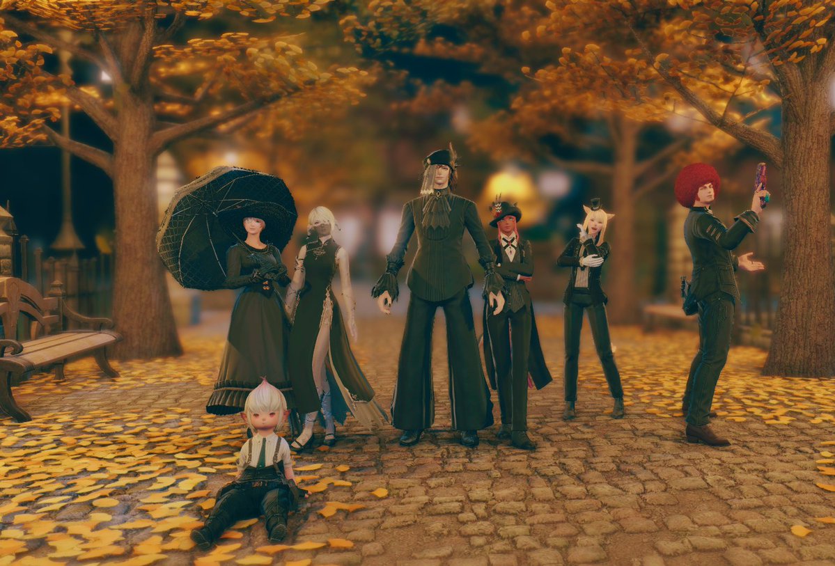 FF14UltimaFCDim's tweet photo. 9月23日開催のFCミラプリイベントは「白＆黒フォーマルコーデ」♣
こちらはFCメンバーじげんさんに提案頂きました！各自思い思いのシックな衣装に身を包み、さきさんの提案でまずは #パンデモ並木道 へ https://t.co/lXup128VVO