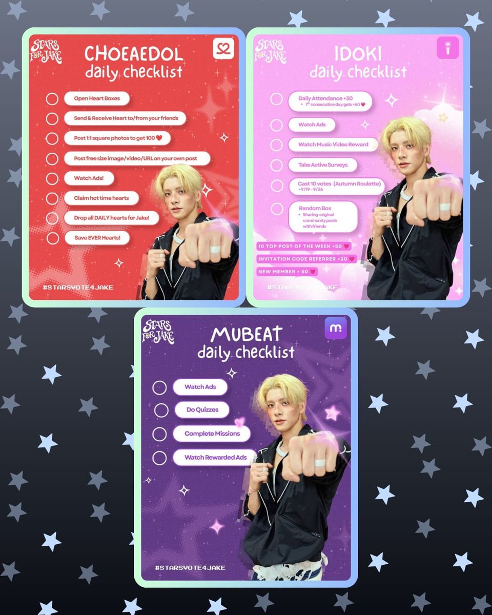 STARSF0RJAKE's tweet photo. HI STARS!! ⭐️🩵

Daily voting reminder! don’t forget to check our daily checklist and complete today’s tasks on each app 📝✨

Every little effort counts, so let’s stay consistent and keep supporting jake together! 🫶🏻

#STARSVOTE4JAKE
#JAKE #ENHYPEN #제이크 https://t.co/Jgt59gmplk