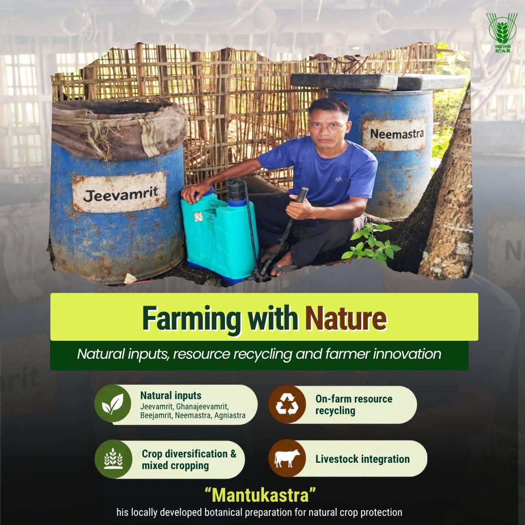 icarindia's tweet photo. From 3 acres to a 12-acre natural farm, Shri Mantuk Phom’s journey with ICAR-KVK Longleng shows how training, innovation &amp; support can help farmers grow sustainably. #ICAR @ChouhanShivraj @PIB_India @AgriGoI https://t.co/Jh5uWv4N6I
