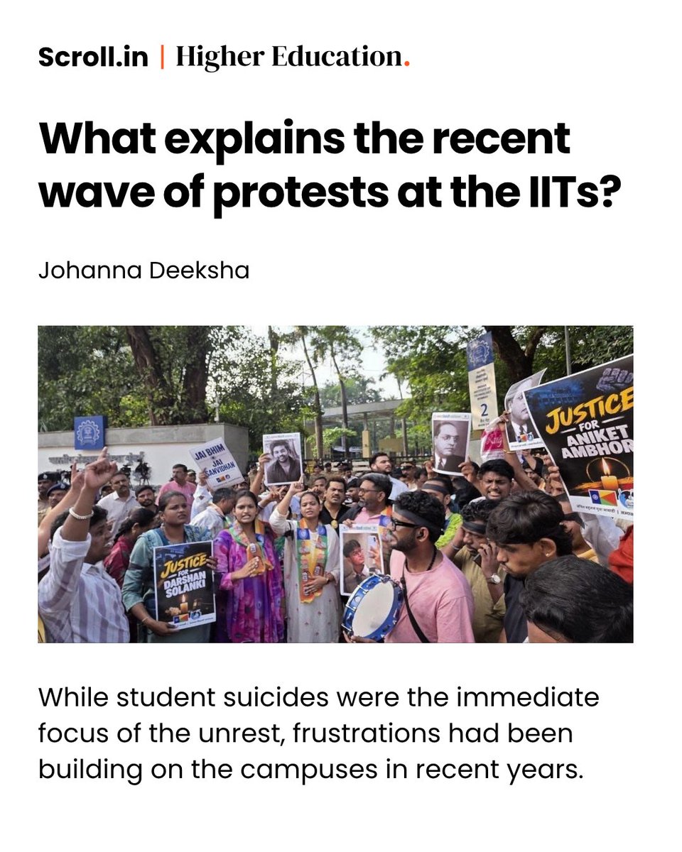 scroll_in's tweet photo. Student suicides may have triggered the recent protests at IITs, but students and faculty say frustrations have been building over inadequate infrastructure, uncertain job prospects, high fees, social isolation and increasingly restrictive campus environments. @Johanna_Deeksha reports

Read more: https://t.co/6z8rr7Nj0X