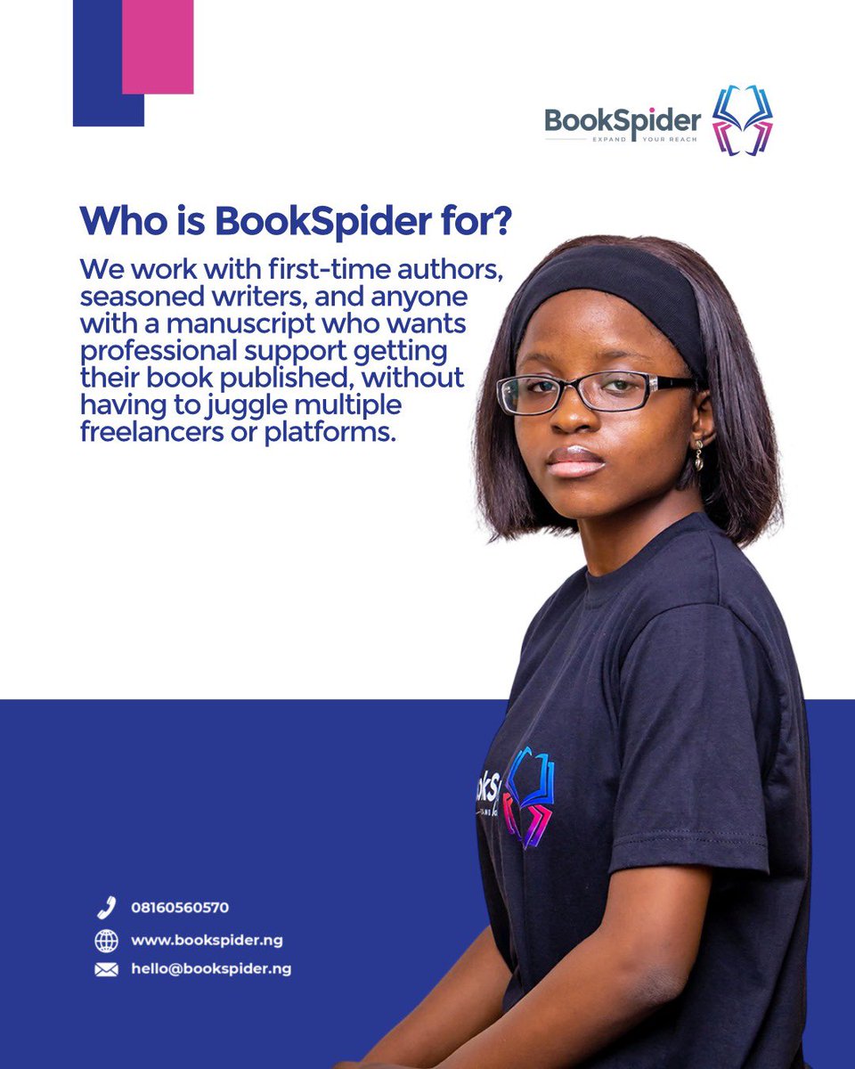 bookspiderng's tweet photo. BookSpider is the one-stop team for first-time authors, seasoned writers, and anyone with a manuscript.
One place, done right. DM US NOW.
#bookspider #authorsoftwitter #publishingteam https://t.co/ldb6lNefOp