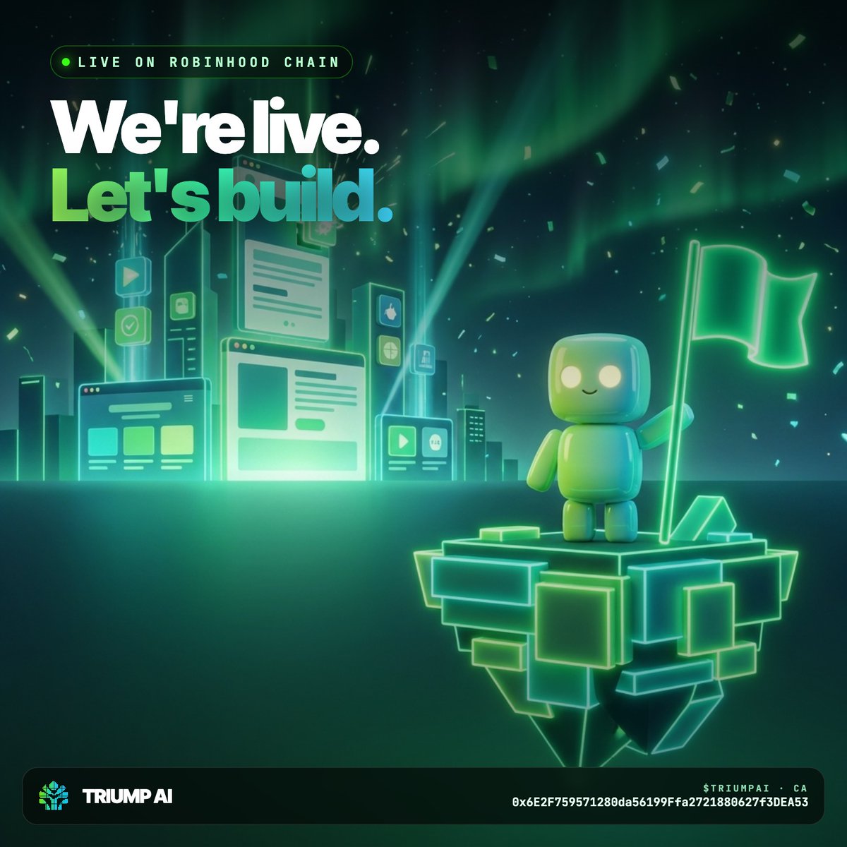 usetriumpai's tweet photo. We're live on Robinhood Chain. 🚩

Describe a website, an app or a token, and TRIUMP AI builds it for you.

Today we build. Tomorrow you do.

CA: 0x6E2F759571280da56199Ffa2721880627f3DEA53

https://t.co/udj6wuXyc6 https://t.co/a2q7S8txn2