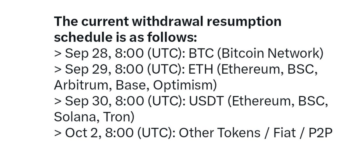 Pro_Sharry's tweet photo. Good Morning 🌄🌞🌄🌄 

🚨 BITGET WITHDRAWAL UPDATE

Bitget users ke liye achi khabar!

Security incident ke baad Bitget withdrawals ko step-by-step resume kar raha hai.

28 Sep — BTC Withdrawals
29 Sep — ETH Withdrawals
30 Sep — USDT Withdrawals
2 Oct — Other Tokens / Fiat / P2P

⏰ Time: 8:00 UTC | 1:00 PM Pakistan Time

Bitget ke mutabiq security vulnerability fix kar di gayi hai aur user account balances unaffected hain. Incident ka financial impact Bitget Protection Fund cover karega.

Trading aur Deposits normal chal rahe hain.

⚠️ Kisi unknown link ya fake support message par trust na karein. Withdrawal status sirf official Bitget app/website se check karein.