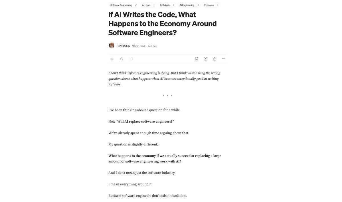 rkdcodes's tweet photo. It's been on my plate for a while. I just published an article on Medium. Planning to do this more often.

I was thinking about how AI-driven software automation could take us beyond the debate "AI will replace developers".

The questions are about junior engineers, new roles, the AI economy, and what humans should actually own.

Do check the link in the comments.