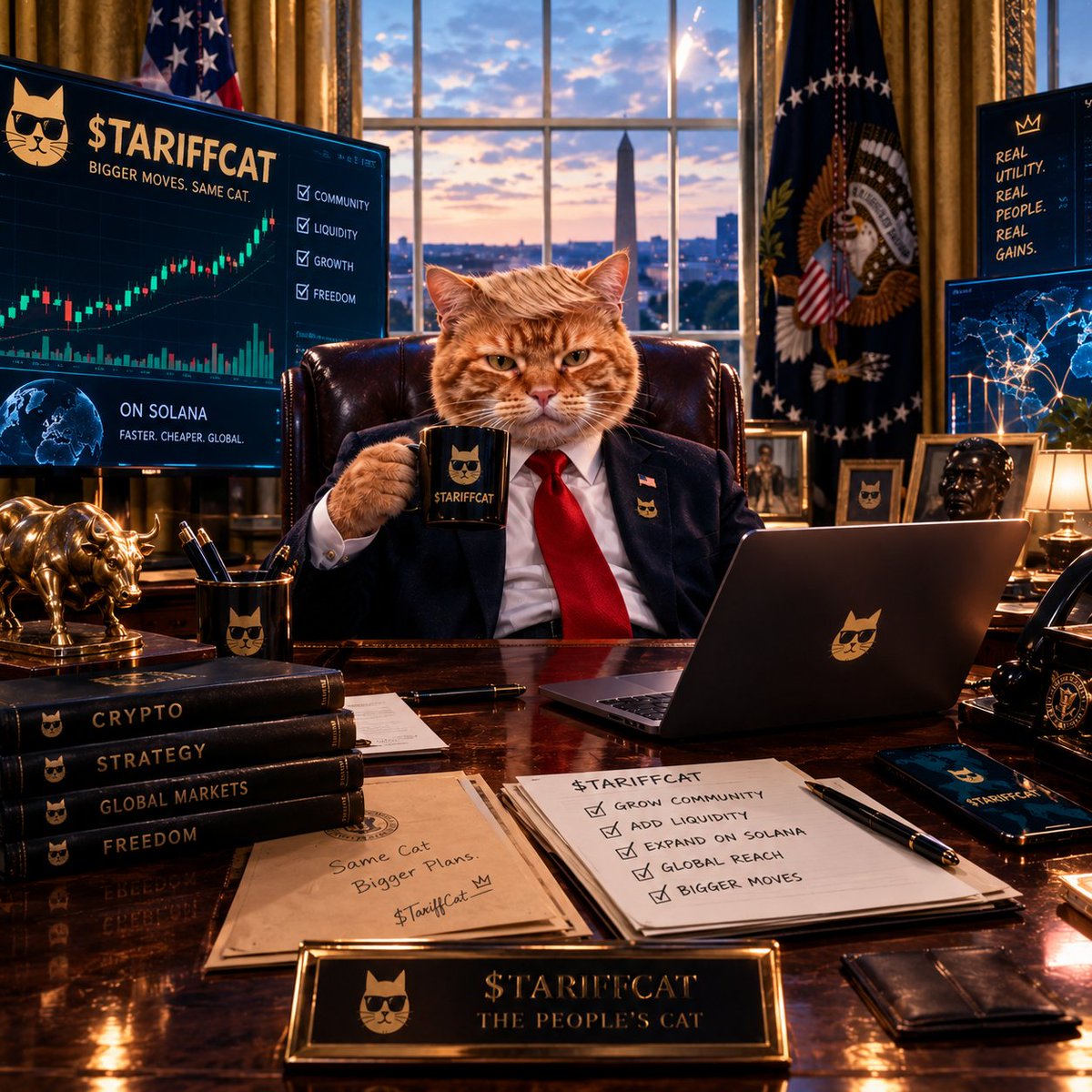 Azekbest's tweet photo. @TariffCat is the one to keep an eye on.  
Every trade pays a 3% tariff stacking real Bitcoin into the Strategic Reserve. Holders get 3x leveraged $XBTC airdrops.
$TARIFFCAT is still microscopic and early.  
CA: 6KUDKFNhHiKAkfKrpxVxiYcWiMY7CABbyCkENdhiBUQb  
#TARIFFCAT #Solana https://t.co/ix7D9WR4GH