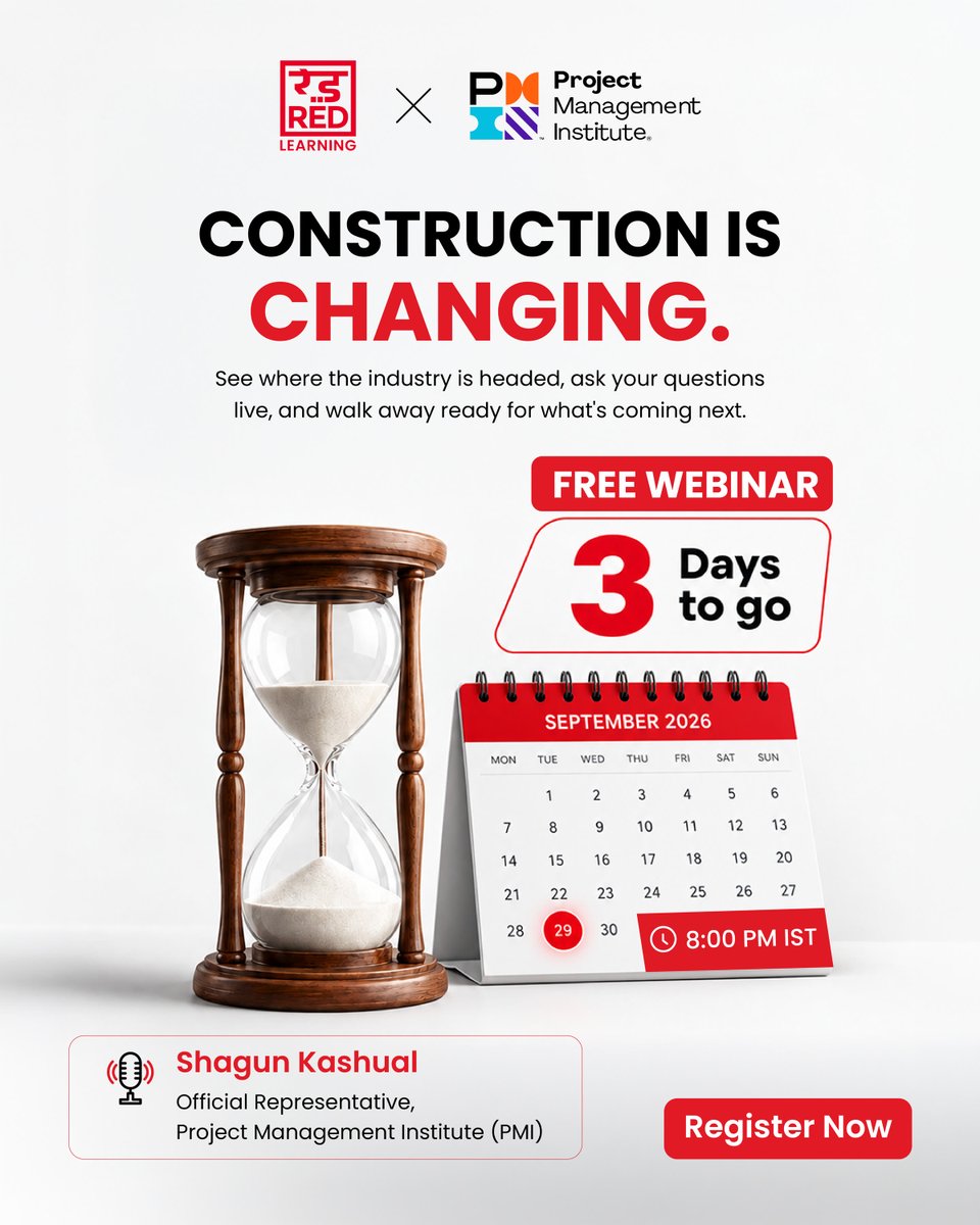 red_learning's tweet photo. Only 3 DAYS TO GO!

Construction is changing.

Join our FREE webinar with PMI's Shagun Kaushal and discover what's next for the industry.

📅 Sept 29
🕗 8 PM IST

Register now. 
https://t.co/XKUya98H4J https://t.co/jmIV8gnI8t