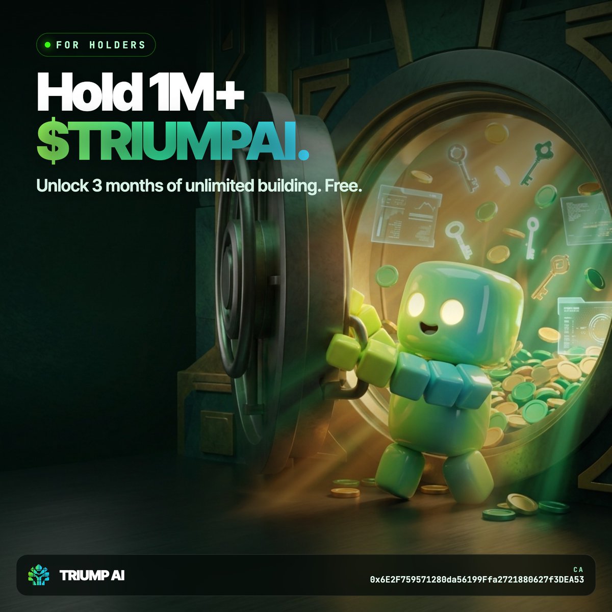 usetriumpai's tweet photo. Holders, the vault is open.

Hold 1M+ $TRIUMPAI, sign in at https://t.co/udj6wuXyc6 with that wallet, and unlock 3 months of unlimited building. Free.

CA: 0x6E2F759571280da56199Ffa2721880627f3DEA53 https://t.co/86NIEmwoJC