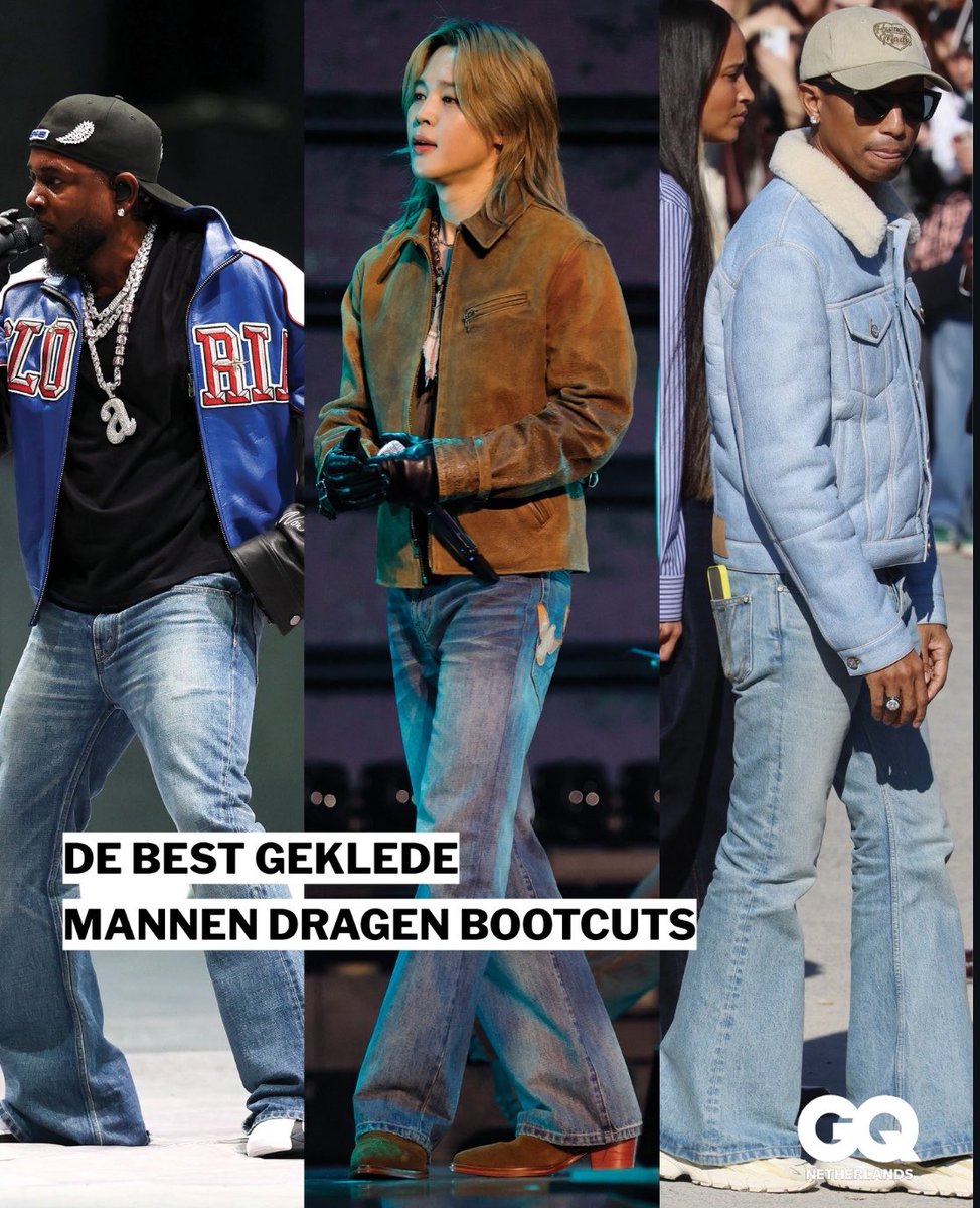 JiminGlobal's tweet photo. Jimin is among the names featured by GQ Netherlands in its latest spotlight on bootcut jeans, alongside Kendrick Lamar and Pharrell Williams! ✨

“Kendrick Lamar, Jimin, and Pharrell Williams agree: good jeans don't have to run straight down. The bootcut gives more shape to your outfit and works just as well with sneakers and boots.”