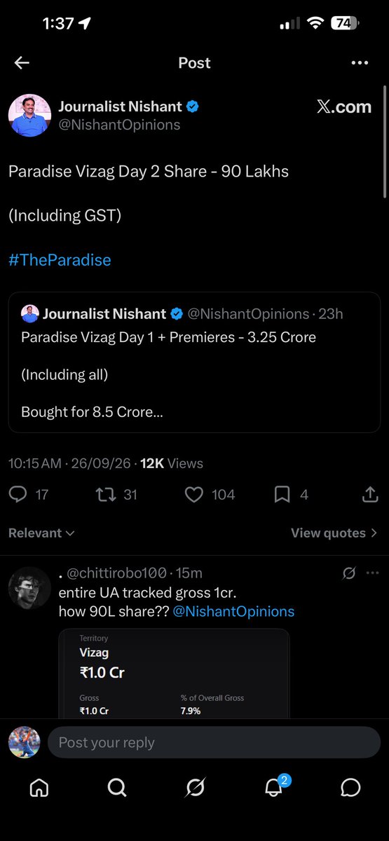 898SAG's tweet photo. #TheParadise Uttarandhra Day2 numbers 💀 https://t.co/XI3GRvECE7