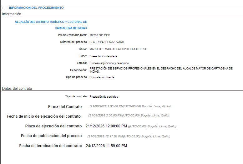 JuanPoe's tweet photo. El 2° contrato de María del Mar de la Espriella es por $29.200.000 para asesorar jurídicamente al Alcalde de Cartagena. Se gana $7.300.000 mensuales. Se firmó del 21/08/2026 al 24/12/2026. Pero eso no fue suficiente. Hay más plata pública para la hermana de Abelardo. Sigue👇 https://t.co/KlK00zWpcC