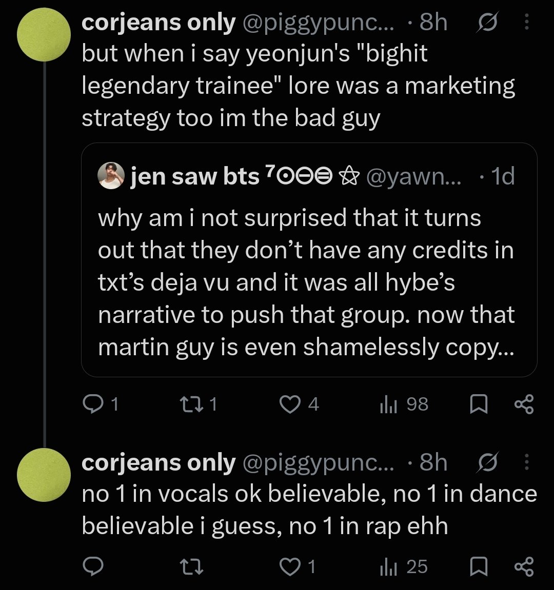 hnklogy's tweet photo. ppl will quote a weird ass acc named "corjeans only" that was ALREADY an illit anti and has also been weird towards txt and blame it on moas 💀 https://t.co/JQnyYmTFJb