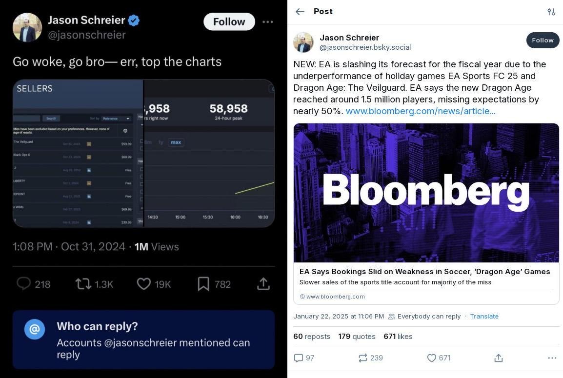 DeathlessNazgul's tweet photo. @RealMrClutch Please, he was caught trying to spin the narrative that veilguard was a huge success. Then in January the truth comes out that EA had to slash its fiscal forecast because "The Veilguard" underperformed. Why rush to crown a game as a "success" without waiting for the full picture? https://t.co/EVLoGPNlzs