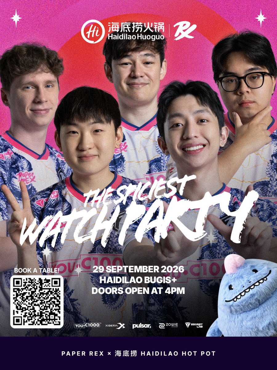 pprxteam's tweet photo. YOU ASKED FOR A SECOND ONE. HERE IT IS. 🔥

The Paper Rex × Haidilao Watch Party in Singapore is back! Join us at Haidilao Bugis+ for our second match at #VALORANTChampions Shanghai, hotpot and cheering with fellow fans. 🦖🍲

📅 29 September 2026
📍 Haidilao Bugis+
🚪 Doors open at 4 PM

Spots are limited. Scan the QR code to book your table!

#HaidilaoSingapore #WGAMING