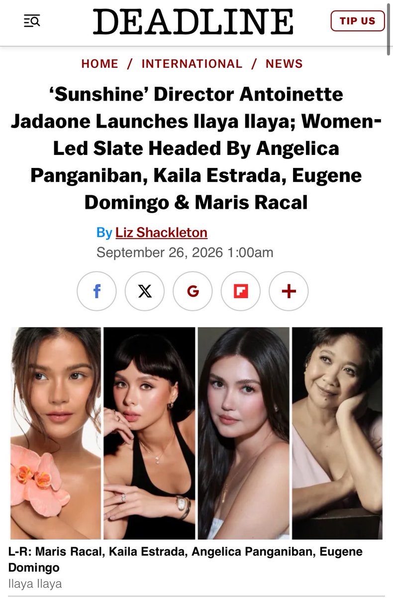 jaseybel's tweet photo. Exclusive from @DEADLINE: Antoinette Jadaone (@tonetjadaone) launches Ilaya Ilaya Studios, featuring a women-led slate headed by Angelica Panganiban, Kaila Estrada, Eugene Domingo, and Maris Racal. Thank you to @lizshackleton1 for sharing this story! https://t.co/lQDwd47QYw
