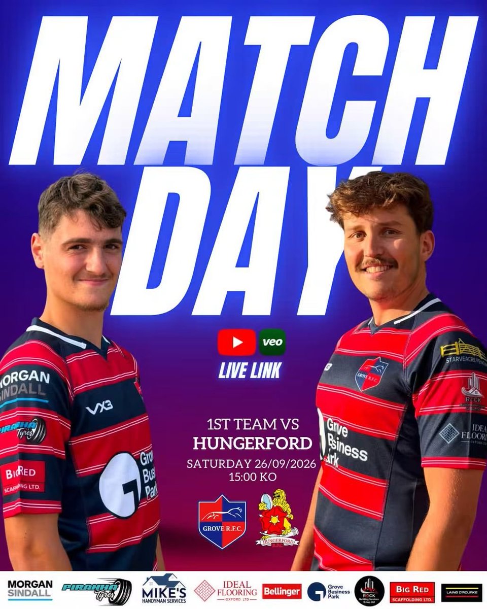 GroveRFC's tweet photo. The season starts today! Grove 1st XV welcome Hungerford to Cane Lane for the opening league game of the 2026/27 season.
🏉 Grove RFC vs Hungerford RFC
⏰ 15:00 KO
Can’t make it to Cane Lane? The game will be streamed LIVE on our YouTube channel via Veo.
https://t.co/MWTXYjvm1p https://t.co/r5QgUqZkDw