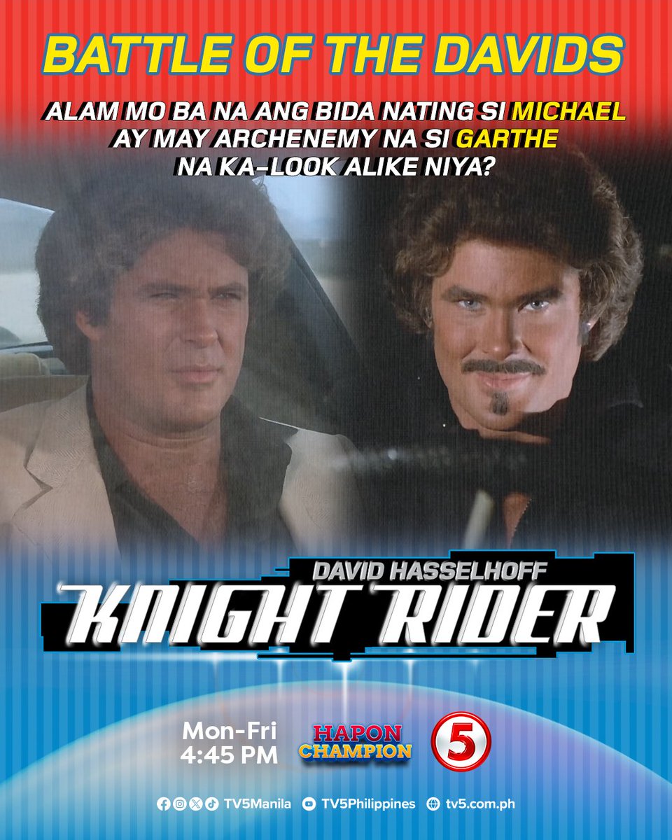 TV5PHOfficial's tweet photo. Meet Garthe, ang archenemy ni Michael na parang kakambal niya sa unang tingin! Sino kaya ang mananaig kapag nagharap sila?

Makisakay na kasama si David Hasselhoff sa Knight Rider, WEEKDAYS, 4:45PM sa Hapon Champion ng TV5 on air!

#KnightRiderTV5
#HaponChampionTV5 https://t.co/drFFh3nNCi