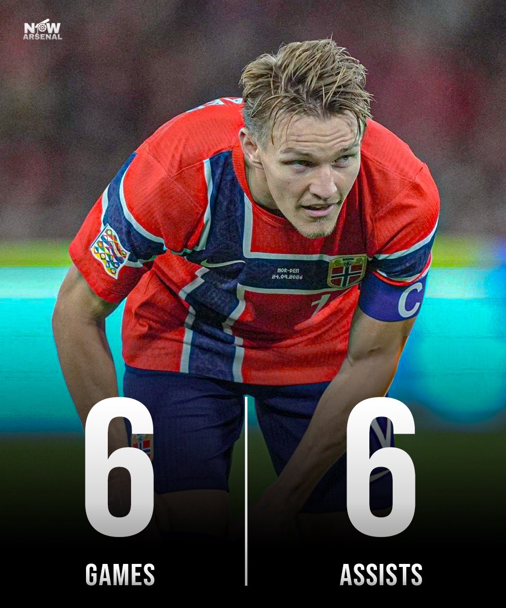now_arsenaI's tweet photo. Martin Odegaard for Norway since the 2026 World Cup:

🇳🇴 6 games
🅰️ 6 assists

It’s what he does. https://t.co/pZlaUOO3wN