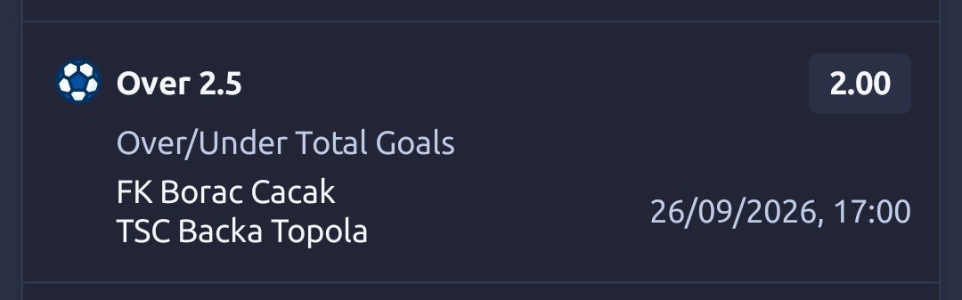 BetTipsterKing's tweet photo. 📆 26.09.2026

⚡️ BET OF THE DAY

🏟 FK Borac Cacak 🆚️ TSC Backa Topolq

🎯 Tip: Total over 2.5 goals
💰 Stake: 1u https://t.co/qLuUG2Ob0p