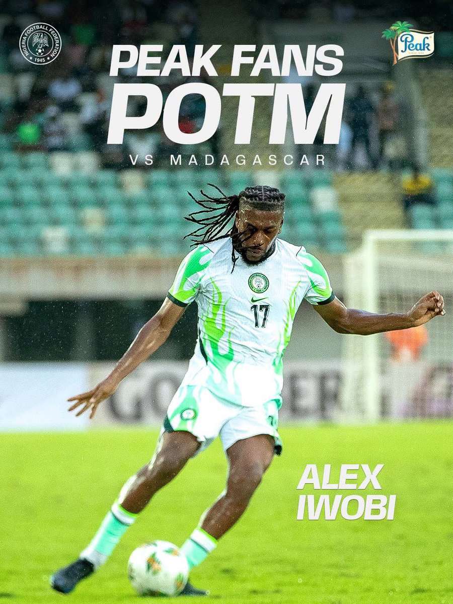 official_esclub's tweet photo. Alex Iwobi has been named Man of the Match for his outstanding performance in yesterday’s win against Madagascar 🎉👏🏼 https://t.co/NbheqGTdst