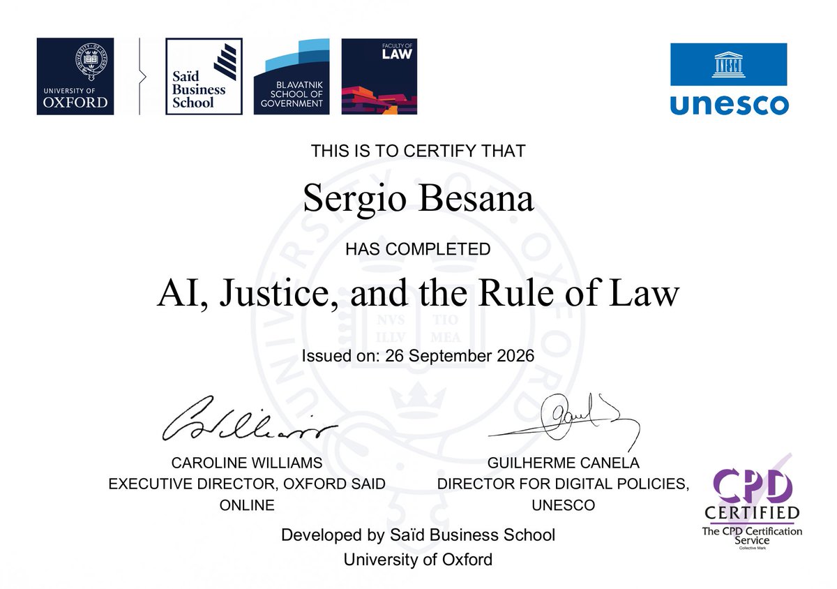 geggios's tweet photo. Ho completato il corso "AI, Justice, and the Rule of Law" organizzato da @OxfordSBS @UniofOxford @UNESCO @BlavatnikSchool  #AI #Justice #Law https://t.co/ZvoGob1veg