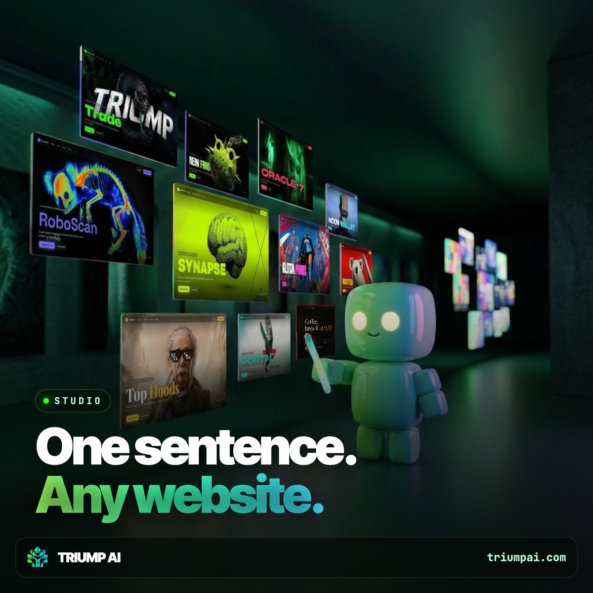 usetriumpai's tweet photo. Every website in our gallery started as one sentence.

Trading terminals, launch pages, agent consoles, NFT drops. Press Use on any of them and make it yours in minutes.

No designer. No code.

https://t.co/udj6wuXyc6 https://t.co/0f9OjmUCkb