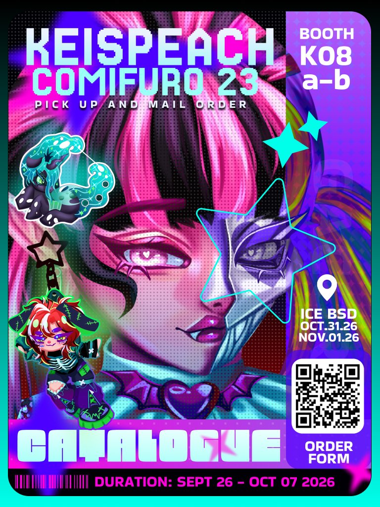 Keispeach's tweet photo. 🔃&amp;❤️are highly appreciated

KEISPEACH #CF23 PRE-ORDER IS OPEN!

📆 Preorder Period: September 26 - October 07 2026
📦 Pickup &amp; Mail Order 🇮🇩
📍Booth Number: K08ab (Both Days)
💖: Monster High, My Little Pony, SeFurDen
🔗: https://t.co/uWrwjhfPJg

#COMIFURO23 #Cf23catalogue https://t.co/HzJQei4eAD