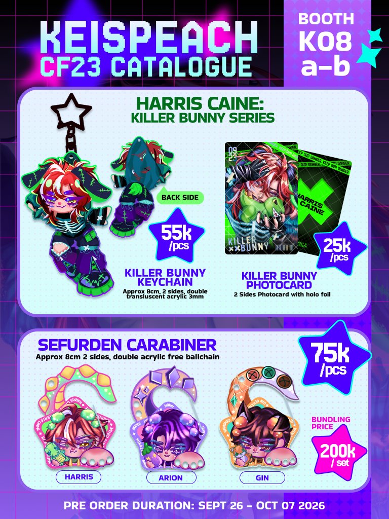 Keispeach's tweet photo. 🔃&amp;❤️are highly appreciated

KEISPEACH #CF23 PRE-ORDER IS OPEN!

📆 Preorder Period: September 26 - October 07 2026
📦 Pickup &amp; Mail Order 🇮🇩
📍Booth Number: K08ab (Both Days)
💖: Monster High, My Little Pony, SeFurDen
🔗: https://t.co/uWrwjhfPJg

#COMIFURO23 #Cf23catalogue https://t.co/HzJQei4eAD