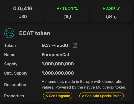 eCompass_io's tweet photo. 2 new tokens are now fully unlocket on e-Compass today 🥳
$ANARK - $ECAT

About $ECAT : "There’s a cat in our ecosystem: An European Cat! 🐈🇪🇺
A meme cat, made in Europe with democratic values. Powered by the native Multiversx token." https://t.co/dzM7iTi76n