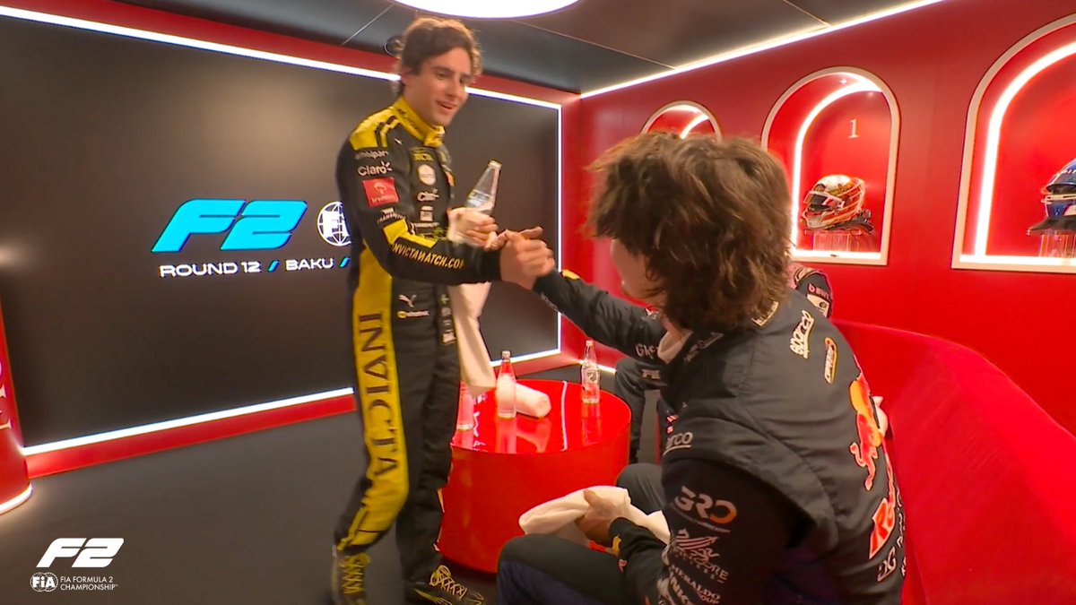Formula2's tweet photo. Respect between championship rivals, Rafa Camara and Nikola Tsolov 🥹🤝
#F2 #AzerbaijanGP https://t.co/rGaSuetWwg