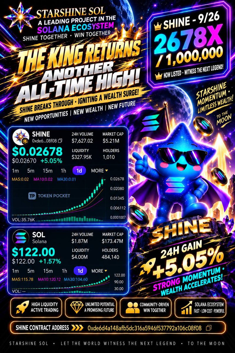 StarshineSOL's tweet photo. 🚨🔥 9/26 | SHINE Hits New Highs!

🟣 SOLANA (SOL)
💰 $122.00 ⬆️ +1.57% / 24H

⭐️ SHINE
💎 $0.02678 🚀 +5.05% / 24H

🔥 SOL breaks $120 with strong momentum!
🚀 SHINE reaches 2678X, gaining momentum!

⚡️ SHINE accelerates toward its next peak!

#starshine #solana #shine https://t.co/zrRc5K86o2