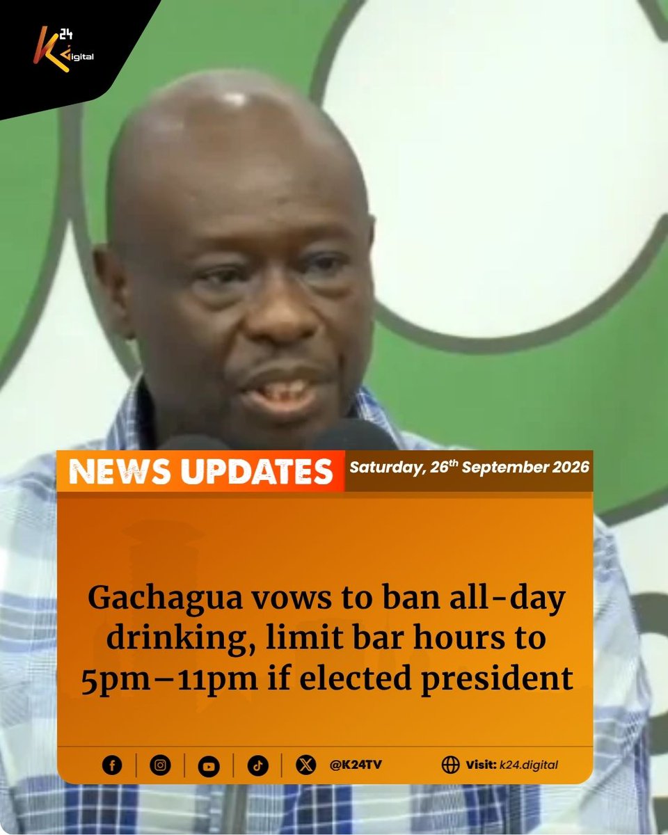 K24Tv's tweet photo. The former Deputy President has announced sweeping reforms he intends to introduce during his presidency, with one of them being the abolition of all-day drinking. He said people would only be allowed to drink between 5 pm and 11 pm.

Read the full story here: https://t.co/uYaT9I5X8P