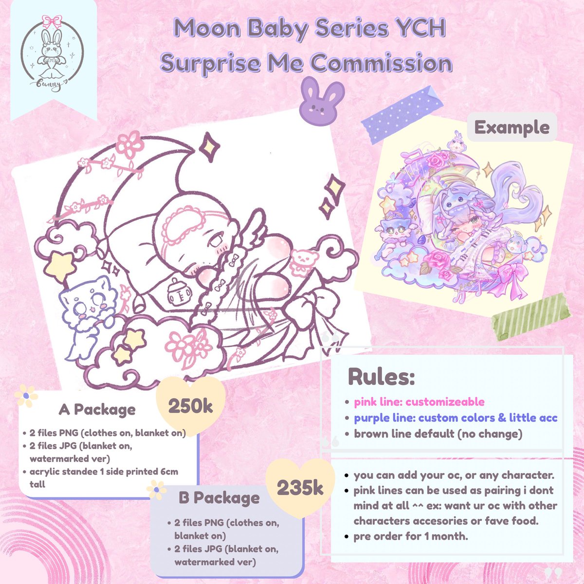 moonlightbunyyy's tweet photo. Open Commission YCH Surprise me Moon Baby Batch 2

🔁 n 🫶🏻 are appreciated! 
Hello! Moon Baby is opening another batch of adoption! 🍼🌙
💌: https://t.co/MP5UOROJxV
Everything is already written in the gform so make sure u READ all the TnC!  
#opencomms #opencommission #zonauang https://t.co/RDjXdTgVgl