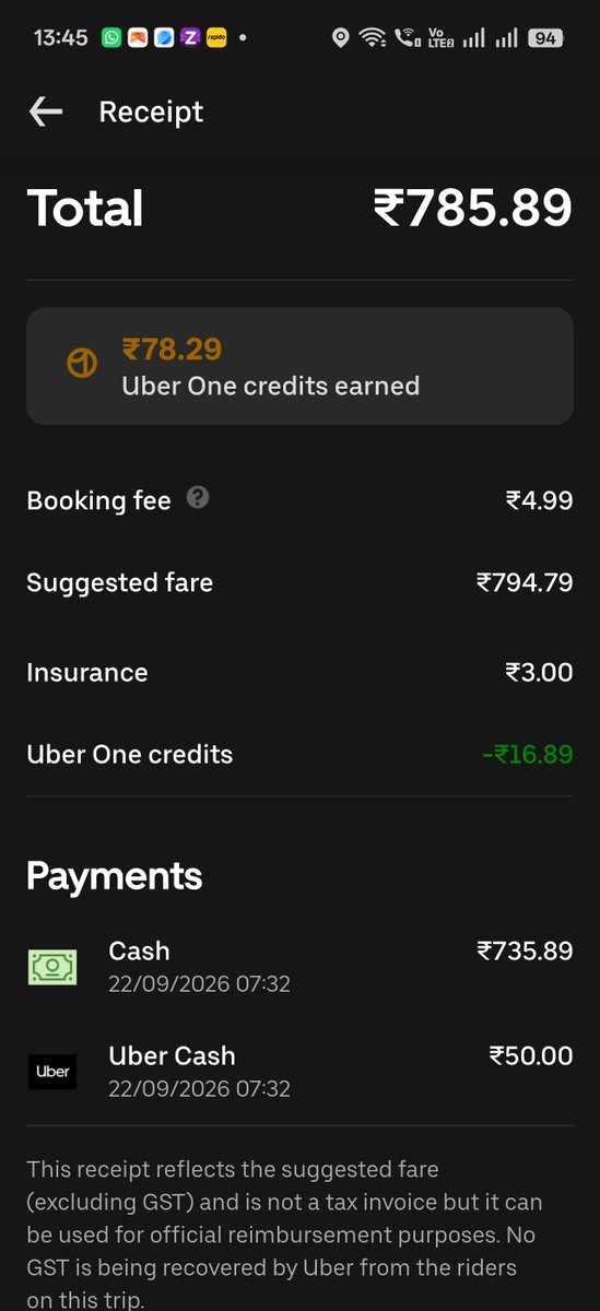 subhra777's tweet photo. @UberIN_Support Please review the trip and refund the excess amount. Receipt attached.@UberIN_Support 

Journey Date :- 22/9/2026 https://t.co/JnKABy4j7a