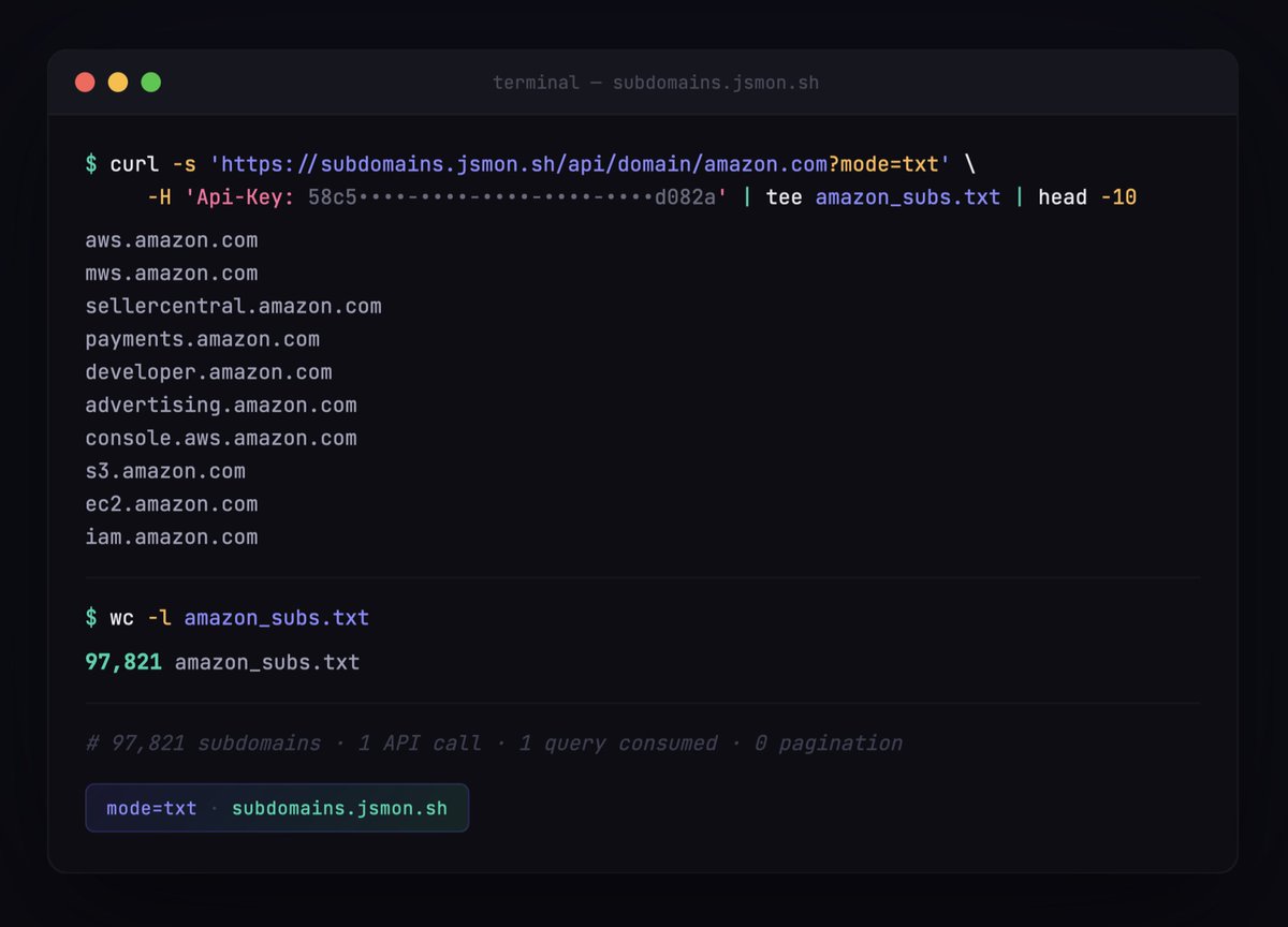 3nc0d3dGuY's tweet photo. 🚀 New Update: ?mode=txt on https://t.co/Huec3oviKv

One API call - Fetch all subdomains. Even if a domain has 500K subdomains, full output in seconds.

curl -s -H 'Api-Key: YOUR_KEY' 'https://t.co/IbvFtVUpZ9'

Available on Pro and Max plans.