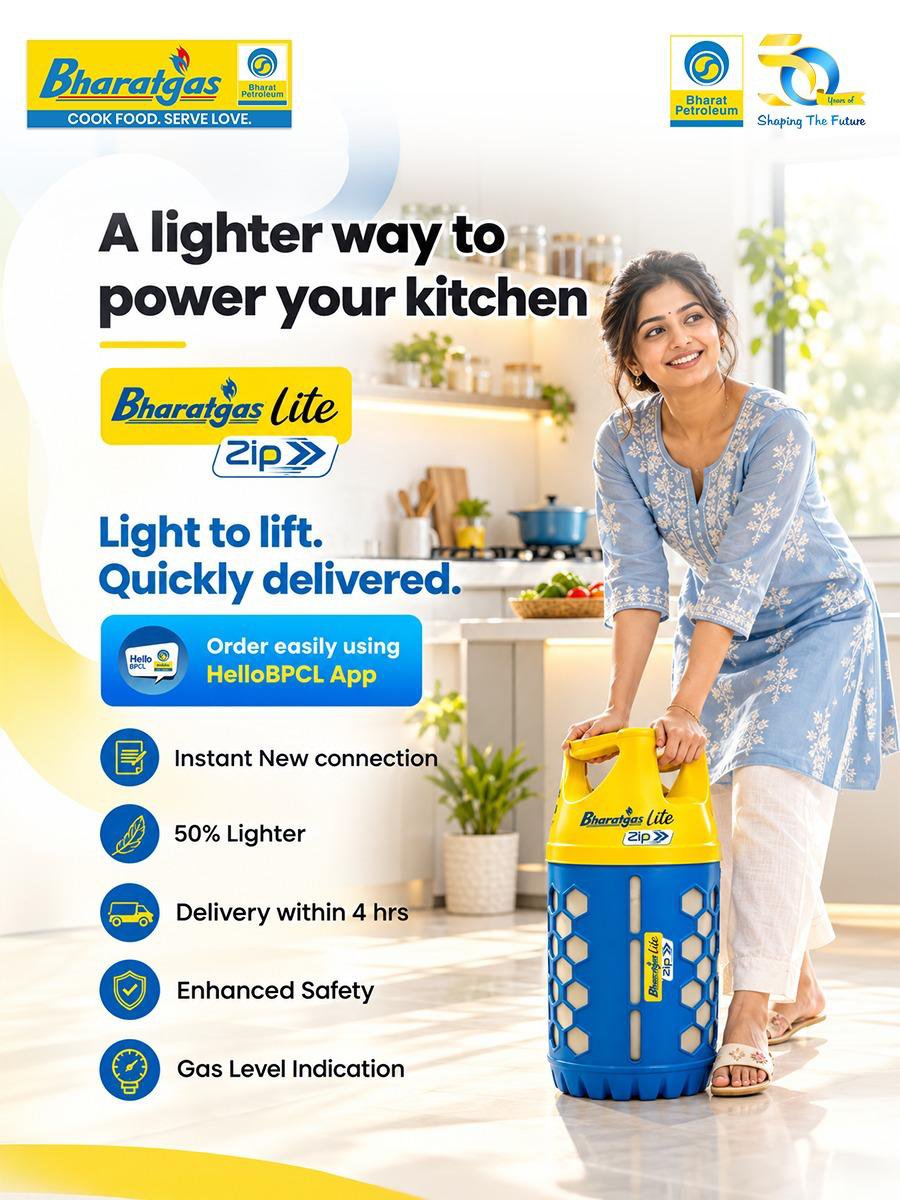 BPCLLPGLAL48465's tweet photo. A lighter way to power your kitchen! 

Meet Bharatgas Lite ZIP — 50% lighter, safer and designed for convenience.
⚡ Delivery within 4 hours
📲 Instant new connection

Order conveniently through the HelloBPCL App.

#Bharatgas #BharatgasLiteZIP
@BPCLimited @PetroleumMin @BPCLLPG https://t.co/4qB3Bk4NLq