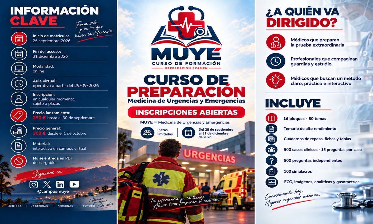 Albertoamh922's tweet photo. 🩺 Una preparación pensada para médicos que compaginan guardias, trabajo y estudio.

✅ Temario estructurado
✅ Cuadernos y fichas de repaso
✅ Casos clínicos comentados
✅ Test razonados
✅ Simulacros

💰 250 € hasta el 30/09
💳 300 € desde el 01/10 https://t.co/Q5zruyA1zZ