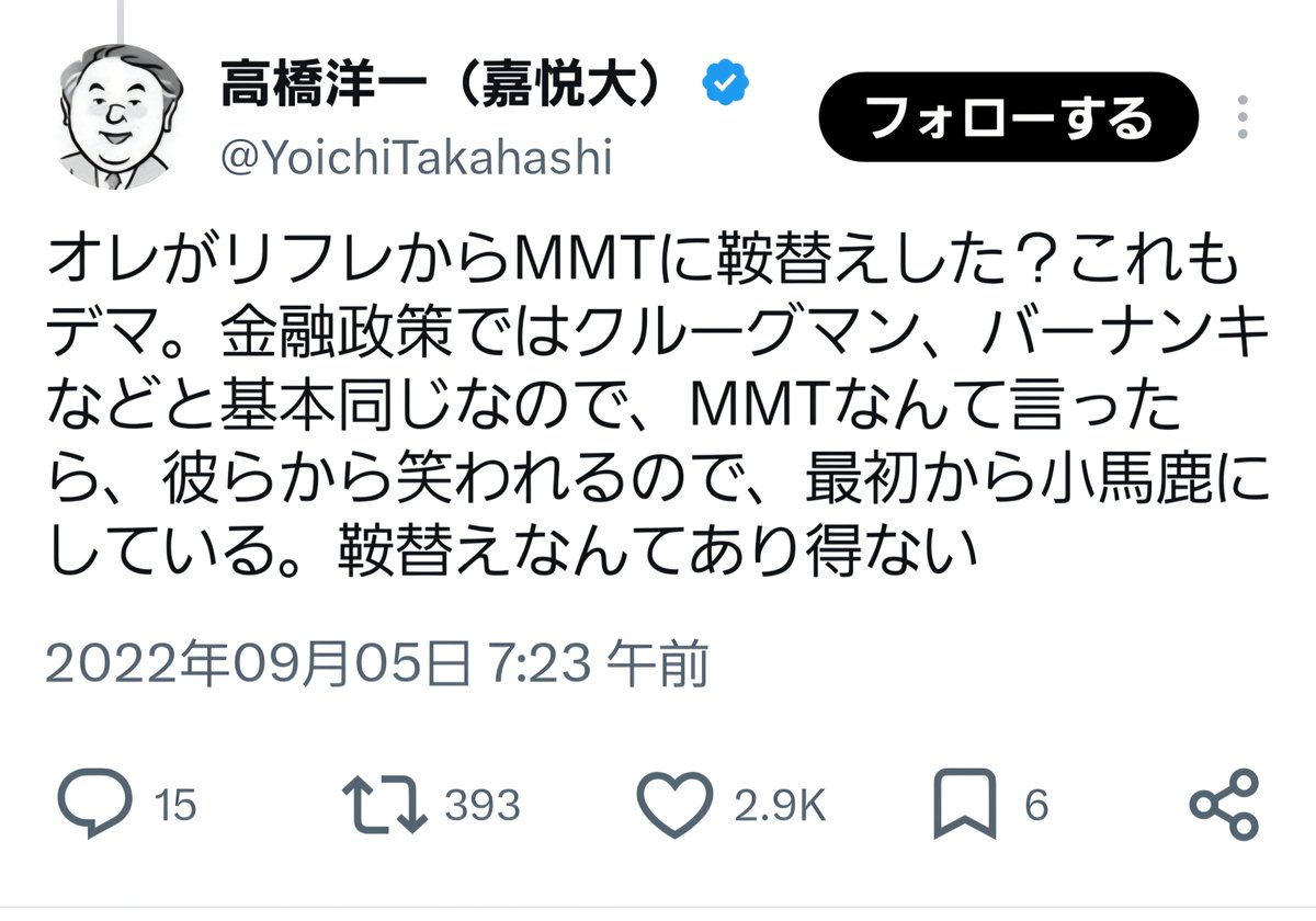 Gngt347's tweet photo. 高橋洋一は自称リフレ派でした。

オレがリフレからMMTに鞍替えした？これもデマ。金融政策ではクルーグマン、バーナンキなどと基本同じなので、MMTなんて言ったら、彼らから笑われるので、最初から小馬鹿にしている。鞍替えなんてあり得ない https://t.co/MGA6PdXtUp